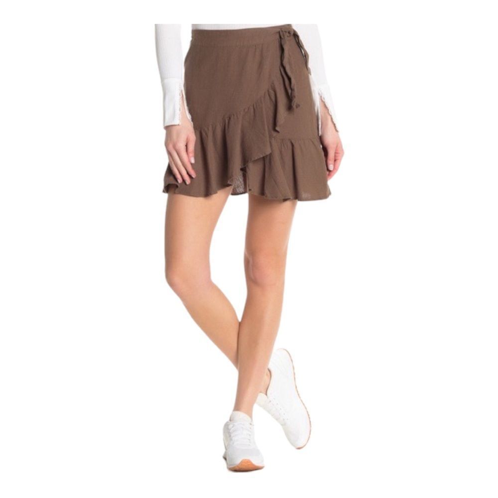 Free People Ruffle My Feathers Mini High Rise Brown Linen Wrap Skirt | 0
